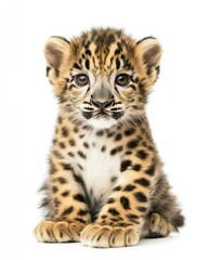 Fototapeta premium Mystic portrait of baby Snow Leopard, copy space on right side, Headshot, Close-up View, isolated on white background
