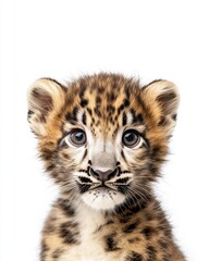 Obraz premium Mystic portrait of baby Snow Leopard, copy space on right side, Headshot, Close-up View, isolated on white background