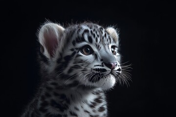 Obraz premium Mystic portrait of baby Snow Leopard in studio, copy space on right side, Headshot, Close-up View, isolated on black background