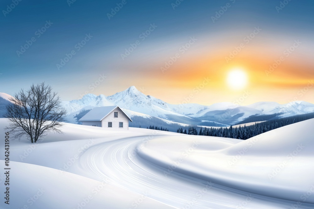 Poster A snowy landscape with a house and a road