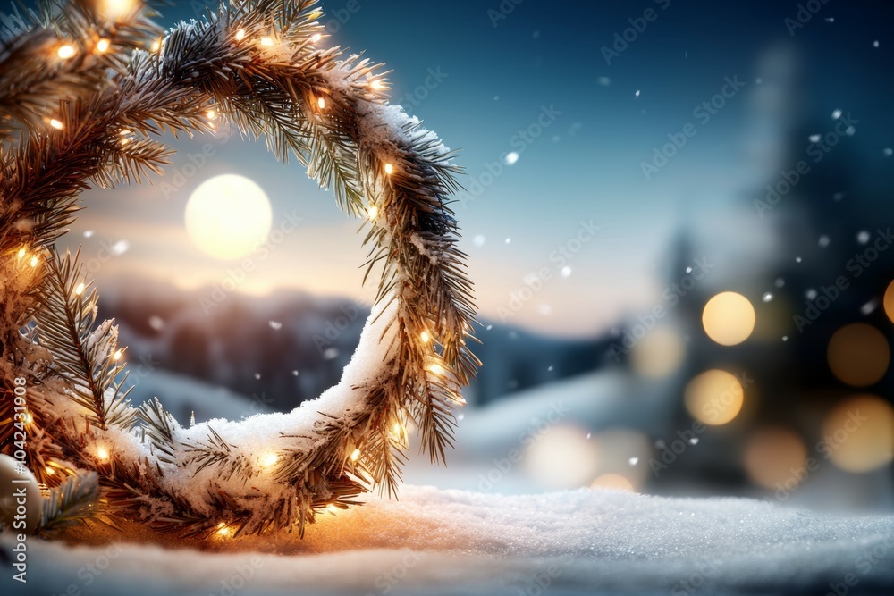 Poster A wreath with lights on it is on a snowy hill