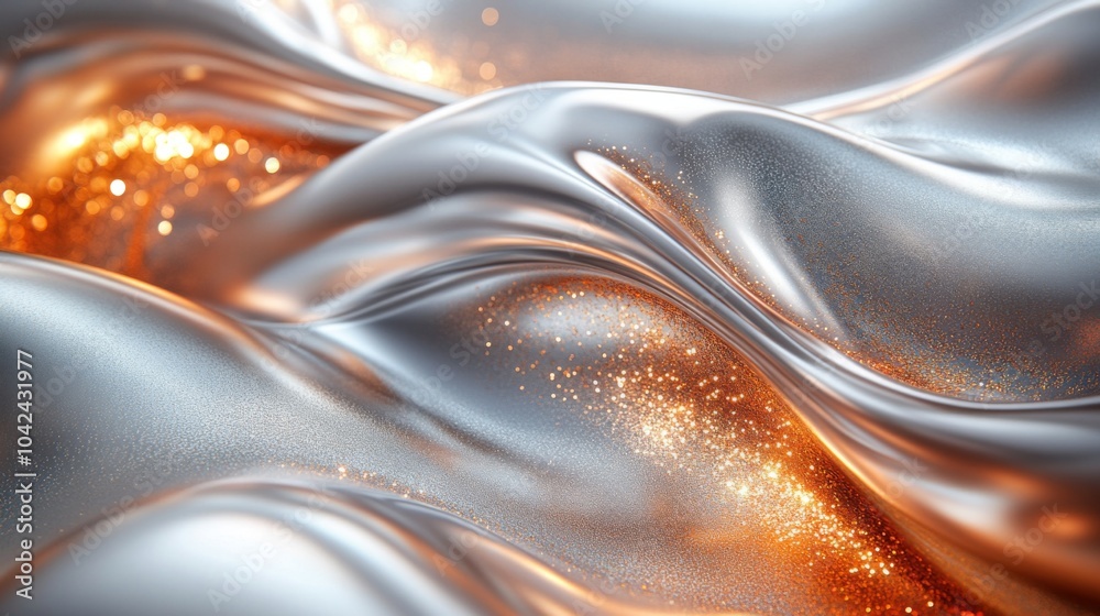 Poster The reflective surface features a blend of silver and warm orange hues, showcasing fluid curves and dynamic movement, creating an elegant visual experience.