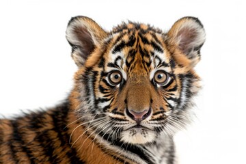 Obraz premium Mystic portrait of baby Sumatran Tiger in studio, copy space on right side, Headshot, Close-up View, isolated on white background