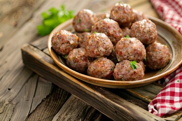 A plate of cooked meatballs on a wooden tray.