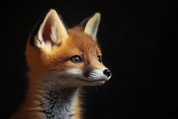 Naklejka premium Mystic portrait of baby Swift Fox in studio, copy space on right side, Headshot, Close-up View, isolated on black background