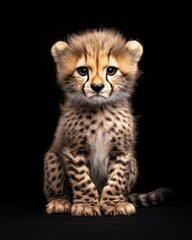 Obraz premium the baby African Cheetah, portrait view, white copy space on right, Isolated on black Background