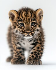 Fototapeta premium the baby Amur Leopard, portrait view, white copy space on right, Isolated on white Background