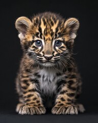 Obraz premium the baby AmurLeopard, portrait view, white copy space on right, Isolated on black Background