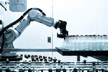 A robotic arm in a modern factory setting, picking up glass bottles from a conveyor belt.