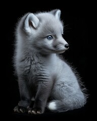 Obraz premium the baby Arctic Fox view, white copy space on right, Isolated on black Background