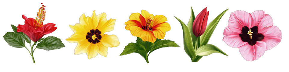 Various collection of colorful hibiscus sunflower and tulip flowers and plants isolated on transparent background