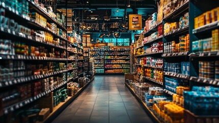 Grocery store aisle with colorful products on shelves