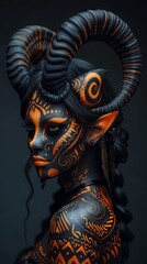 Obraz premium Intricate body art adorns a model with striking horns and elaborate designs against a dark backdrop