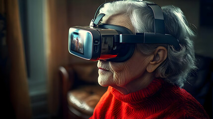 Elderly woman using virtual reality headset in a cozy setting.