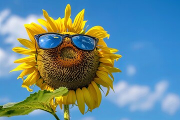 A sunflower wearing sunglasses against a blue sky with white clouds.