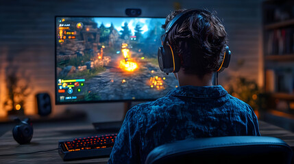 Obraz premium Person gaming at a computer with headphones and a colorful display.