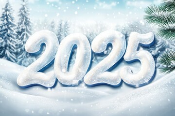 A snow covered forest with a large number 2025 of trees and a snow covered ground