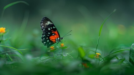 Naklejka premium A vibrant orange and black butterfly perched on a tiny yellow flower in a lush green field.