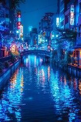 A vibrant night scene in a city with a canal running through it, lit up by colorful neon lights reflecting off the water.