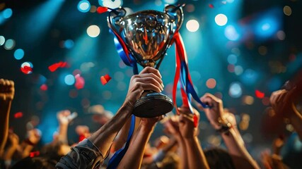 Hands triumphantly holding champion trophy amidst colorful confetti in victorious celebration