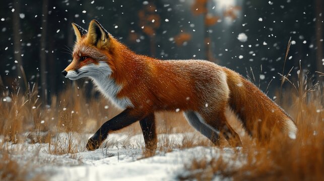 Fox hunting in snow with red fur