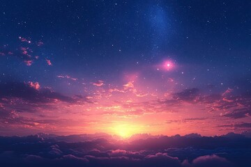 Fototapeta premium A Pink and Purple Sunset Over a Sea of Clouds with Stars