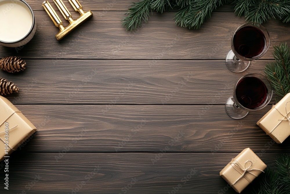 Wall mural A wooden table with a wine glass and two wine glasses on it