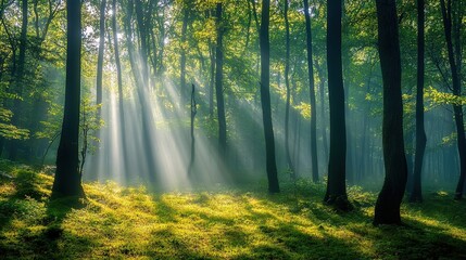 Obraz premium Serene Forest with Sunlight Streaming Through Trees