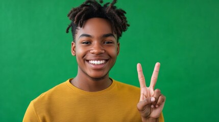A joyful individual shows a victory sign encapsulating the essence of reaching goals amidst a bold green backdrop.