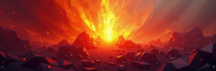 A stunning digital illustration depicting a volcanic eruption, radiating intense heat and light, perfect for themes of nature, power, and destruction.