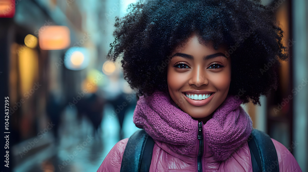 Sticker Smiling woman with curly hair in a city street, wearing a scarf.