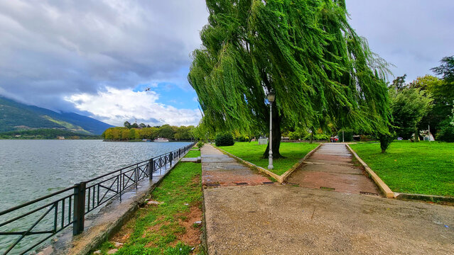 ioannina lake after rain in autumn greece