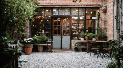Charming coffee shop entrance with vintage door and wide windows, inviting visitors to relax