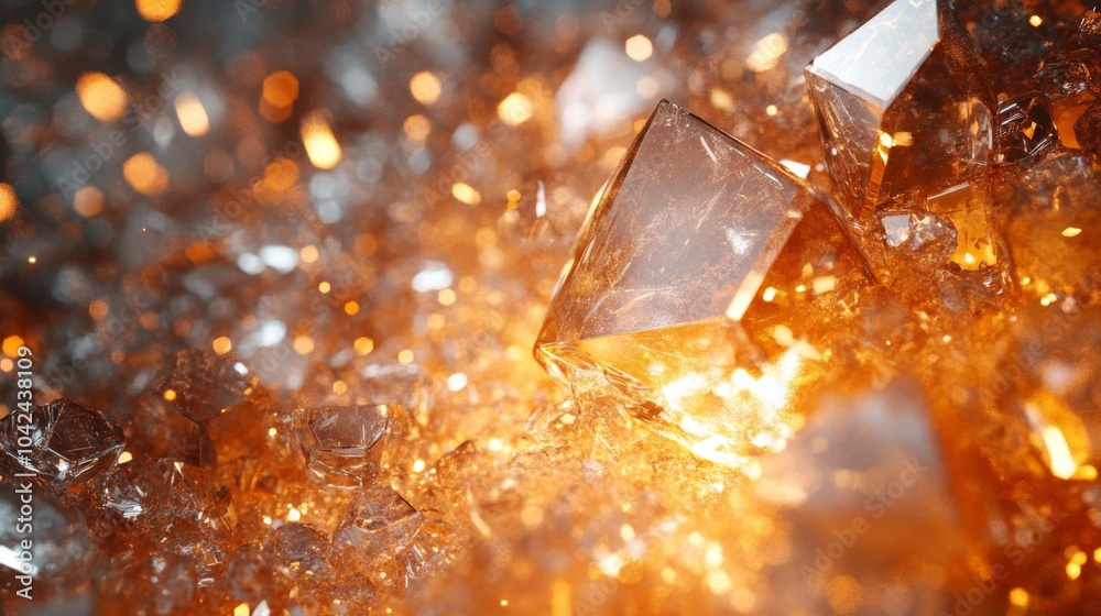 Aufkleber A close-up view reveals an array of orange and clear crystals reflecting warm light, emphasizing their intricate shapes and sparkling texture, creating a mesmerizing display of natural beauty.