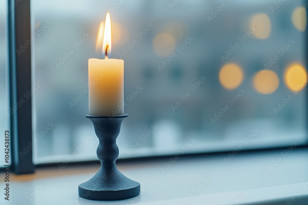 Canvas Prints A candle is lit in a window sill