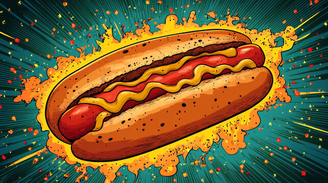 Pop Art Vector Illustration of a Hot Dog with Comic Book Words in Retro Style