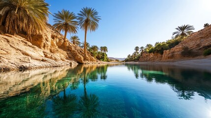 A serene oasis featuring crystal clear water, lush palm trees, and stunning rock formations under a bright blue sky.