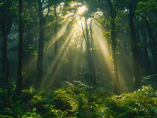 Naklejka premium A dense forest with towering trees, thick underbrush, and beams of sunlight filtering through the canopy