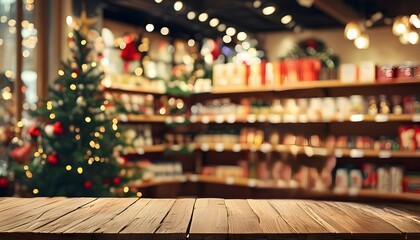 festive wooden podium on blurred christmas background for product presentation