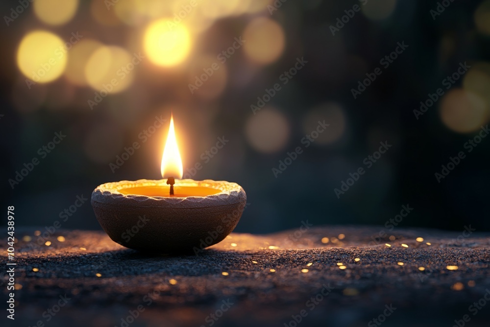 Canvas Prints A candle is lit in a small bowl on a dark surface