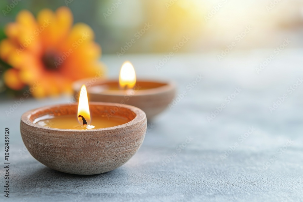 Poster Two candles are lit in two small bowls on a grey table