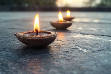 Three candles are lit on a dark surface