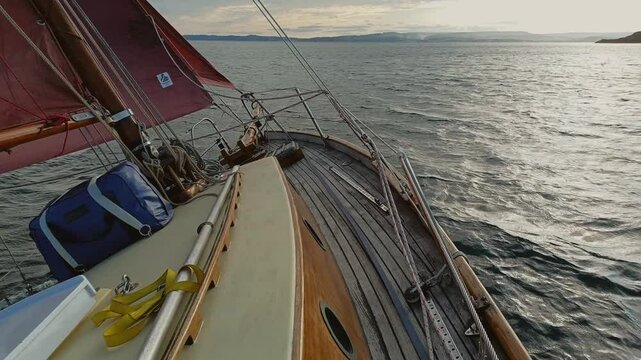A traditional gaff-rigged yacht under sail, near Exmouth, off the coast of south Devon, England, United Kingdom, Europe