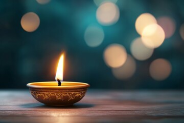 A small candle is lit in a gold bowl on a wooden table