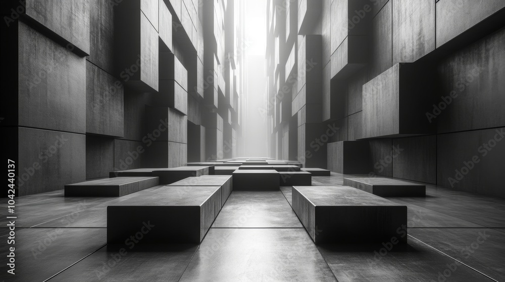 Poster A minimalist corridor features large concrete blocks arranged on the floor, illuminated by soft grey light streaming from above, creating a serene atmosphere.