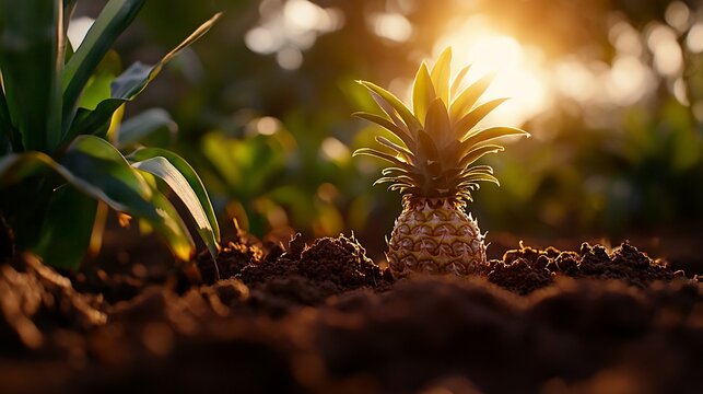 A single pineapple plant growing in rich soil with the sun shining through the leaves.