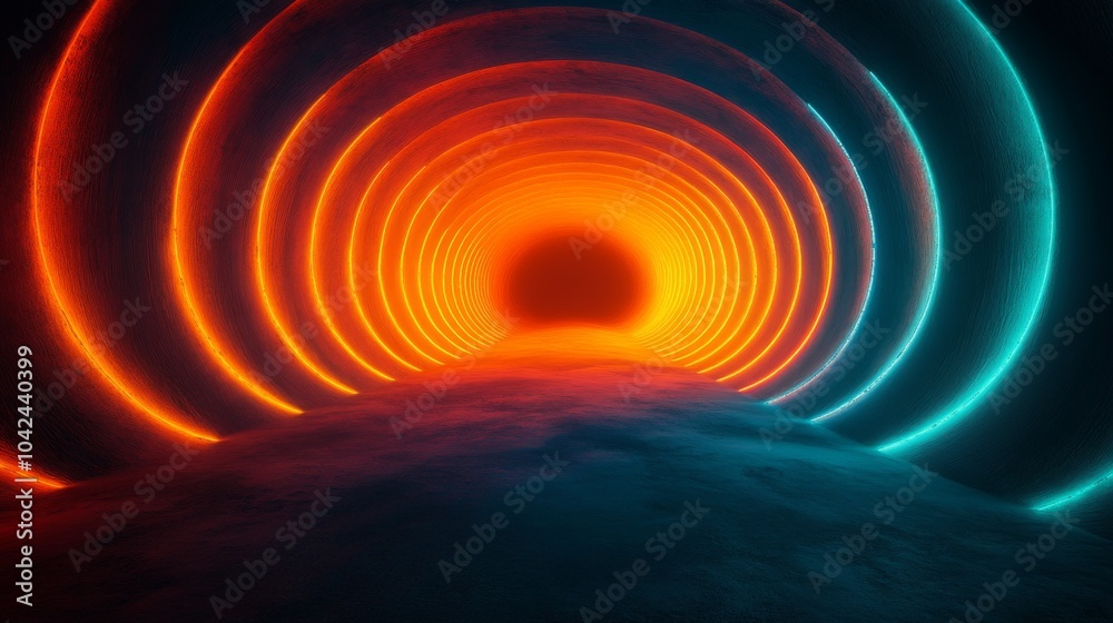 Aufkleber This artwork showcases a mesmerizing tunnel of concentric circles in vivid orange and blue hues, drawing the viewer's eye to a central dark void. The textured background adds depth to the composition.