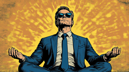 Meditating Businessman Pop Art PNG Illustration with Vibrant Colors and Abstract Design