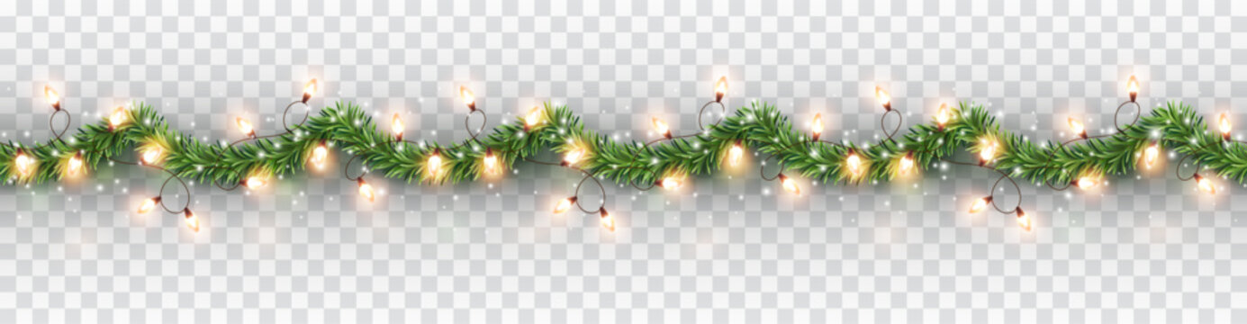 Border with green fir branches, gold lights isolated on transparent background. Pine, xmas evergreen plants seamless banner. Vector Christmas tree garland decoration