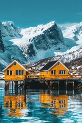 Fototapeta premium Two yellow wooden houses with a water reflection stand on stilts in a fjord with snowy mountains in the background.